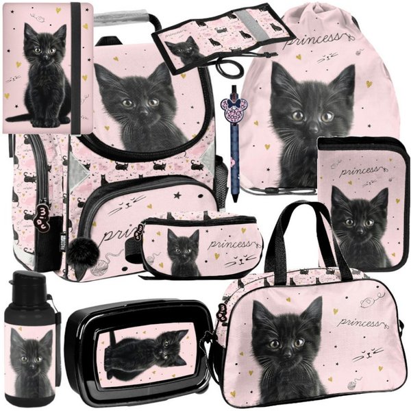 PASO Schulrucksack (Schulset, 10-tlg), Katze, 10-tlg. Set, Rosa