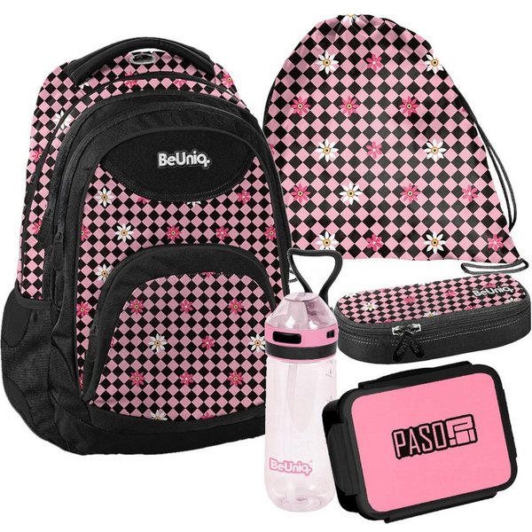 PASO Schulrucksack (Schulset, 5-tlg), Gitter Mega Set 5-teilig – Rosa