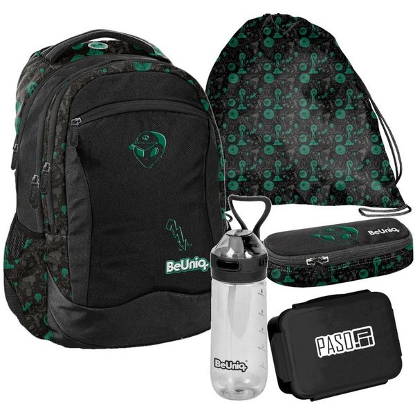 PASO Schulrucksack (Schulset, 5-tlg), UFO Mega Set 5-teilig – Schwarz, Grün