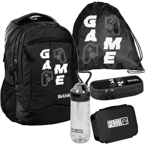 PASO Schulrucksack (Schulset, 5-tlg), Game Pads Mega Set 5-teilig – Schwarz
