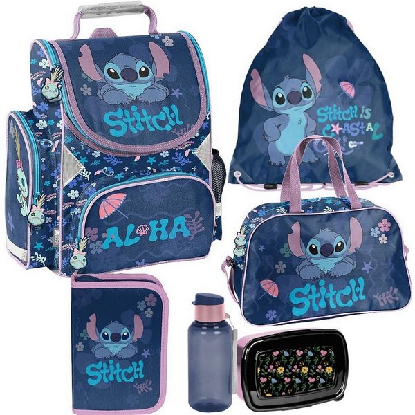 PASO Schulrucksack (Schulset, 6-tlg), Stitch, 6-tlg. Set, Blau