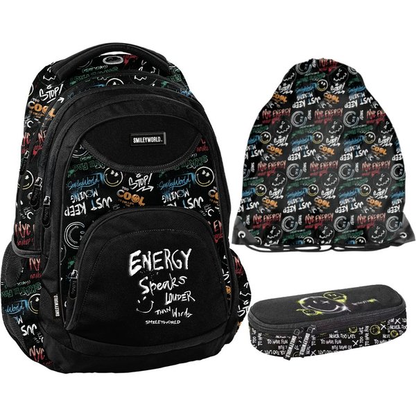 PASO Schulrucksack (Schulset, 3-tlg), Smiley Schulset 3-teilig – Schwarz