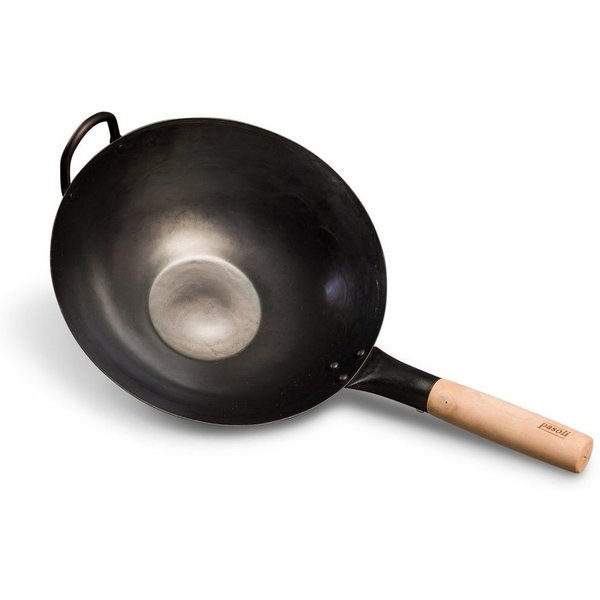 pasoli Wok voreingebrannter, traditionell handgehämmerter Wok mit flachem Boden, Karbon-Stahl, Voreingebrannt, Traditionell Handgehämmert, flacher Boden