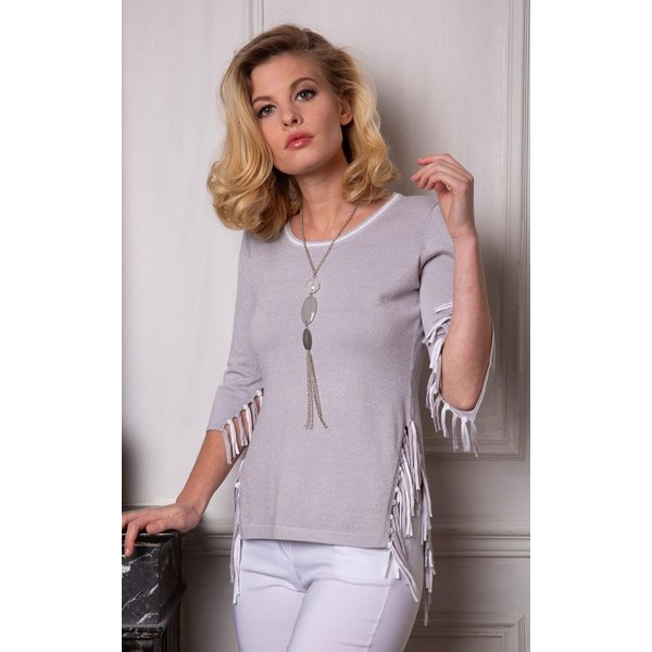 Passioni 3/4 Arm-Pullover Sommerpullover aus Grauem Lurex und Fransen mit Rundhalsausschnitt