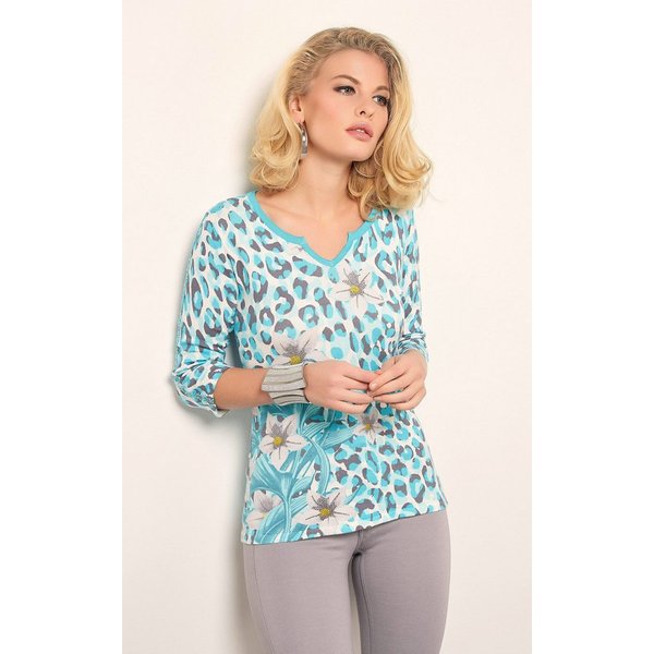 Passioni 3/4 Arm-Pullover Sommerpullover mit Leoprint und Blumen mit Glitzersteinen
