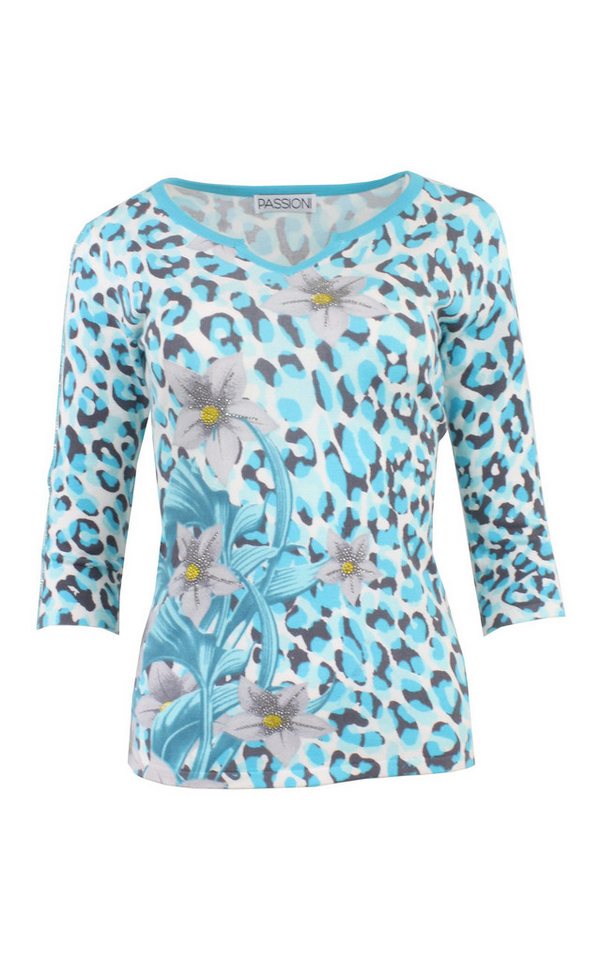 Passioni 3/4 Arm-Pullover Sommerpullover mit Leoprint und Blumen mit Glitzersteinen – Bild 2 von 3