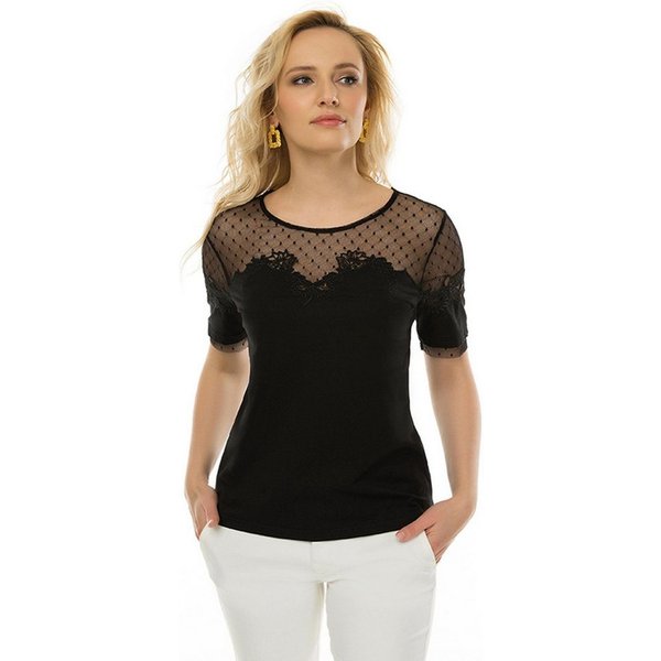 Passioni Kurzarmshirt mit feinem Spitzendetail