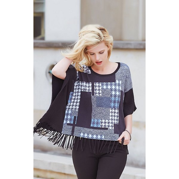 Passioni Poncho mit Patchwork-Mischung aus Karo und Hahnentritt