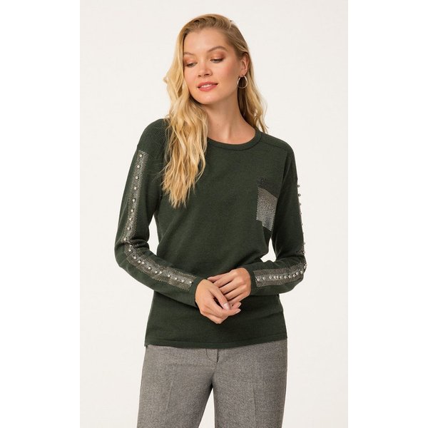 Passioni Strickpullover in Dunkelgrün mit Glitzerdetails