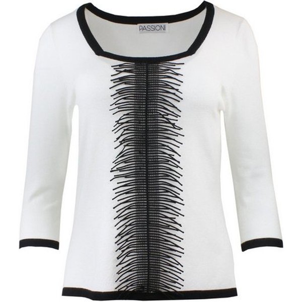 Passioni Strickpullover in Ecru mit Schwarzem Detail und Fransen