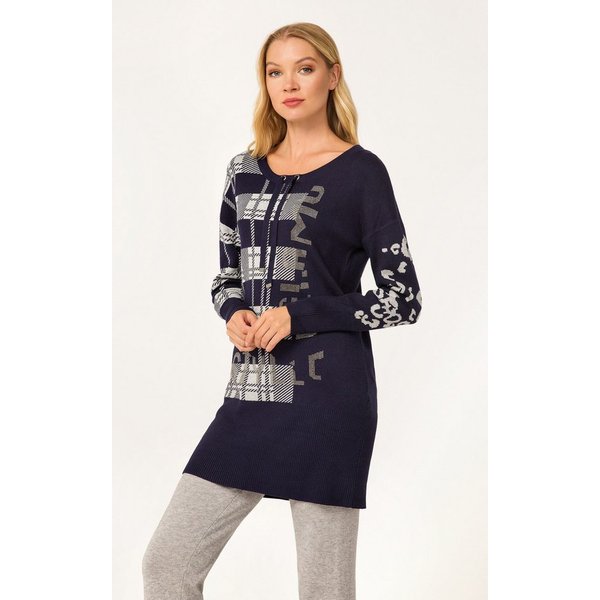 Passioni Strickpullover Lang mit Karodruck