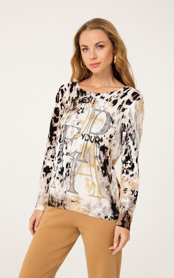 Passioni Strickpullover mit abstrahiertem Animal-Print und Schriftzug mit Strassstein-Details – Bild 2 von 3