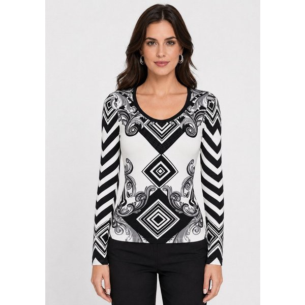 Passioni Strickpullover mit einem grafischen Mustermix in Schwarz und Weiß
