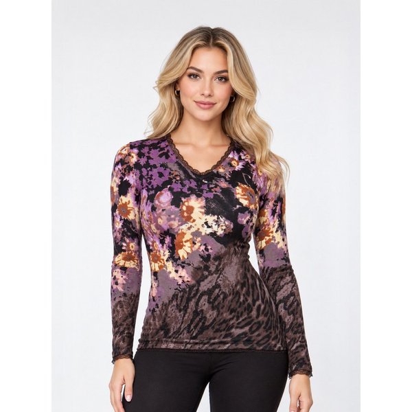 Passioni Strickpullover mit einem malerischen Blumen- und Tiermustermix