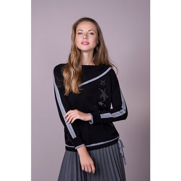 Passioni Strickpullover mit Glitzerdetails Schwarz, Streifen, asymmetrischer Kragen, Glitzersteine