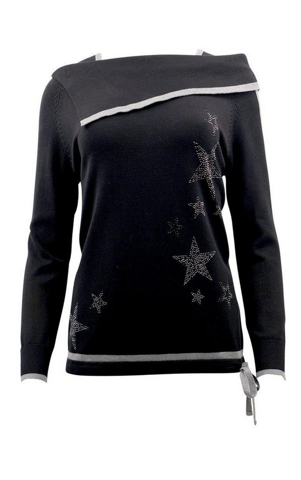 Passioni Strickpullover mit Glitzerdetails Schwarz, Streifen, asymmetrischer Kragen, Glitzersteine – Bild 2 von 4