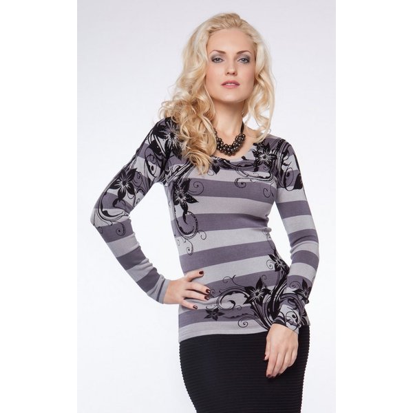 Passioni Strickpullover mit grauen Streifen und schwarzem Blumenmuster