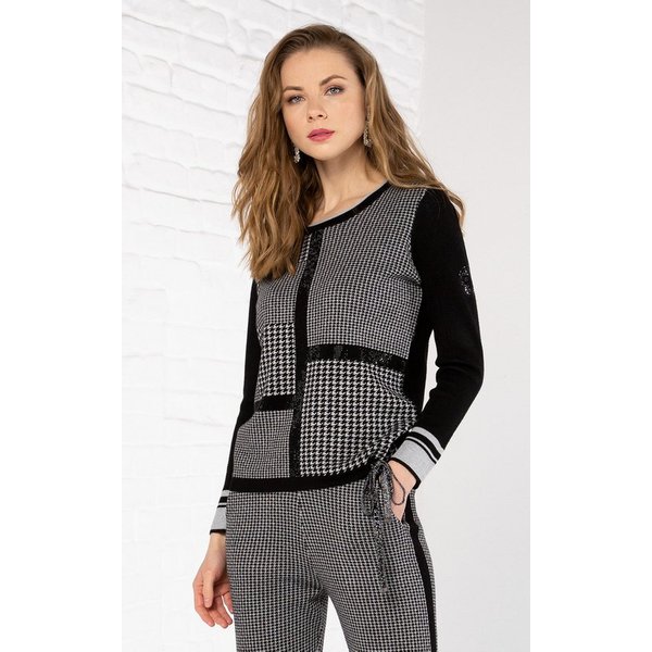 Passioni Strickpullover mit Hahnentrittmuster und Glitzersteinen