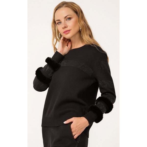 Passioni Strickpullover mit Kunst-Fell und Glitzerdetails Streifen, Kunstfell, Glitzerdetails