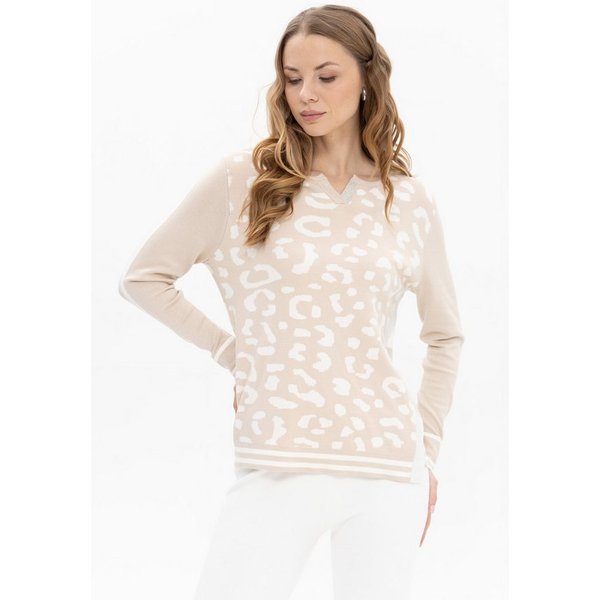 Passioni Strickpullover mit Leoprint und Streifen