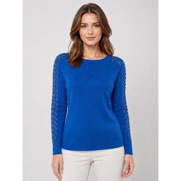 Passioni Strickpullover mit offenen gerippten Ärmeln und Glitzersteinen