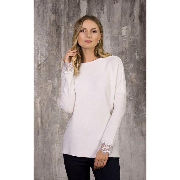 Passioni Strickpullover mit Spitze und Perlendetails