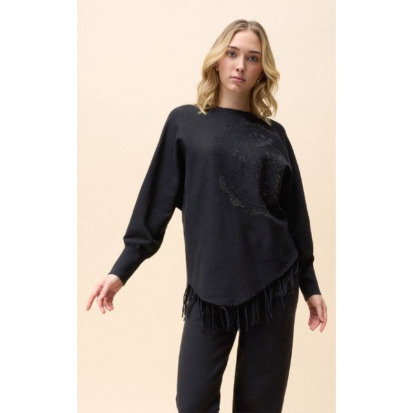 Passioni Strickpullover mit Strassmuster und Fransen