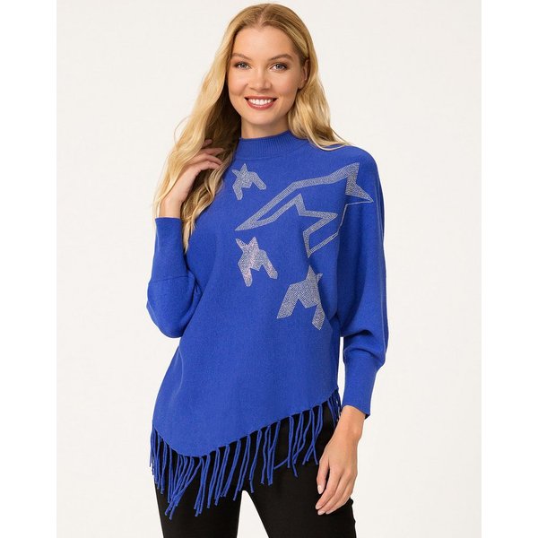 Passioni Strickpullover mit Strassstein-Elementen und Fransen