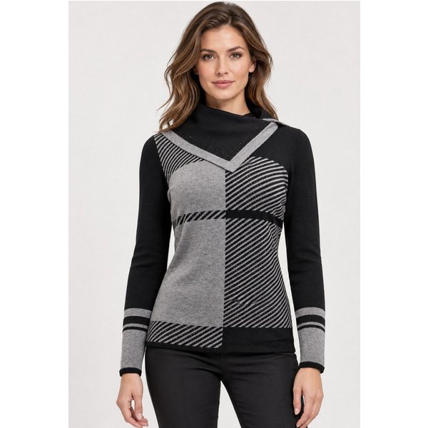 Passioni Strickpullover mit Strasssteinen und Karomuster