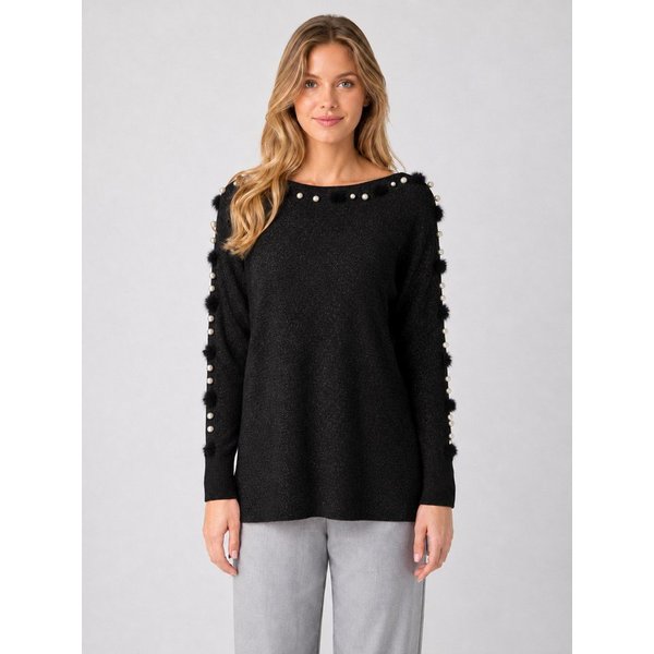 Passioni Strickpullover mit U-Boot-Ausschnitt, Bommel und Perlenverzierung