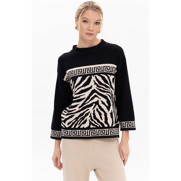 Passioni Strickpullover mit Zebraprint und Stehkragen