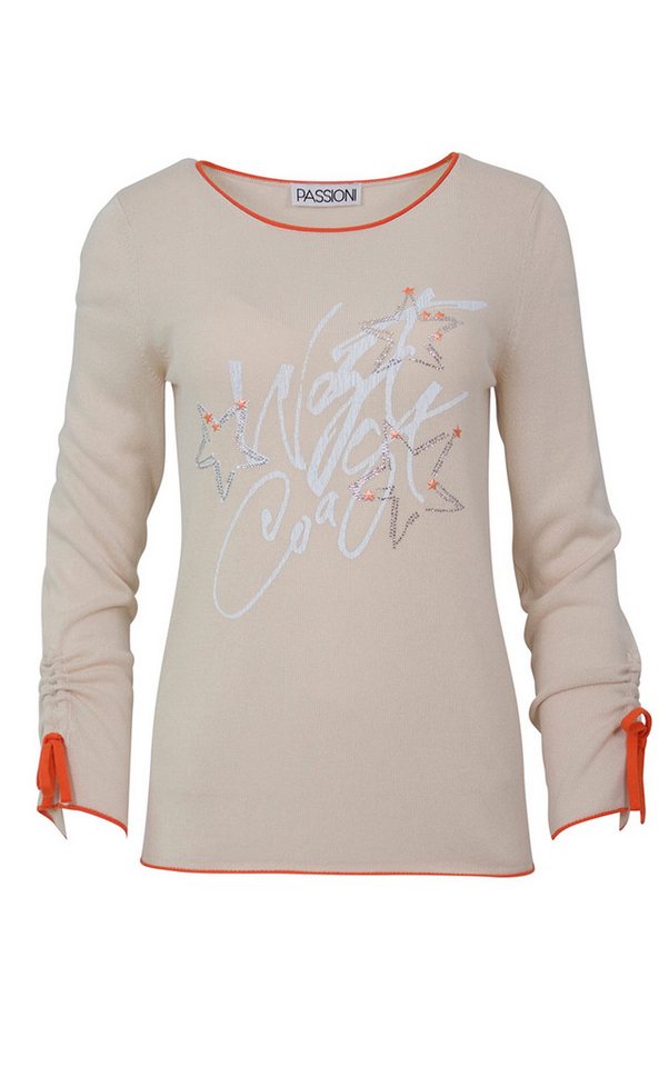 Passioni Strickpullover Sommerpullover in Beige, mit Schriftzug Print und Glitzersternchen – Bild 2 von 3