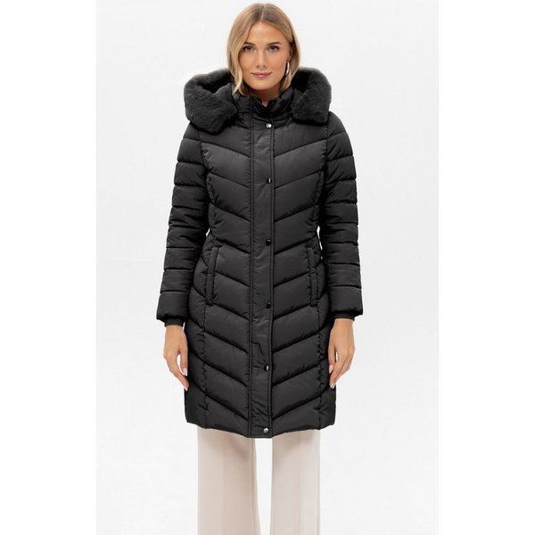 Passioni Winterjacke Lange Steppjacke mit Kapuze mit abnehmbaren Kunstfellbesatz