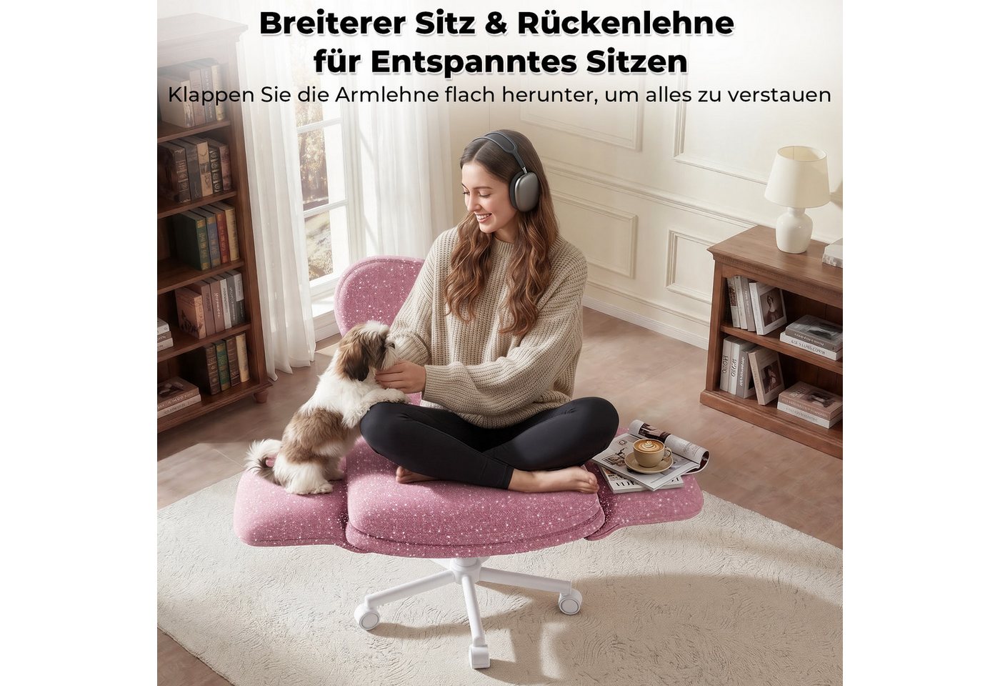Patbrela Bürostuhl drehbar, mit klappbarer Tischplatte für Laptop und Rollen, 360° drehbarer Chefsessel mit Armlehnen, bis 180 kg – Bild 4 von 5