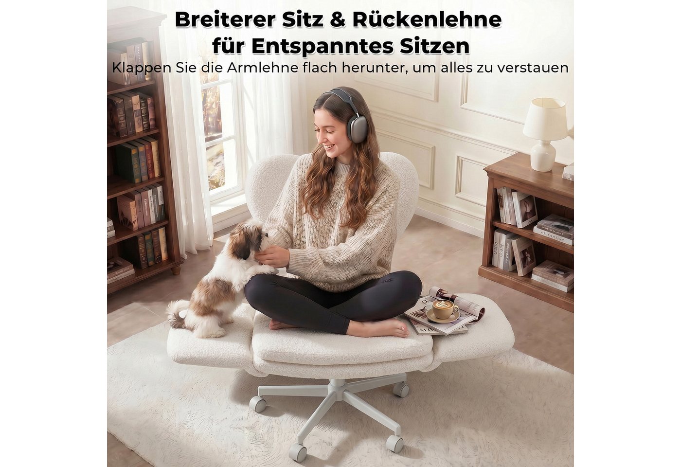 Patbrela Bürostuhl drehbar, mit klappbarer Tischplatte für Laptop und Rollen, 360° drehbarer Chefsessel mit Armlehnen, bis 180 kg – Bild 3 von 5