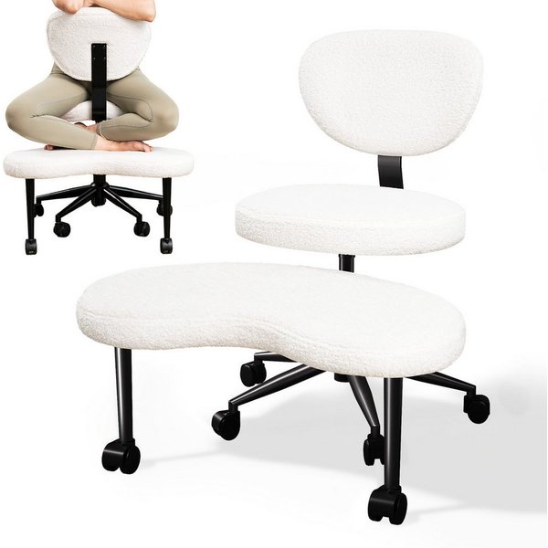 Patbrela Bürostuhl mit Kreuzbeinen,Ergonomischer Kniestuhlm,360° drehbar, Teddy Stoff Weiß