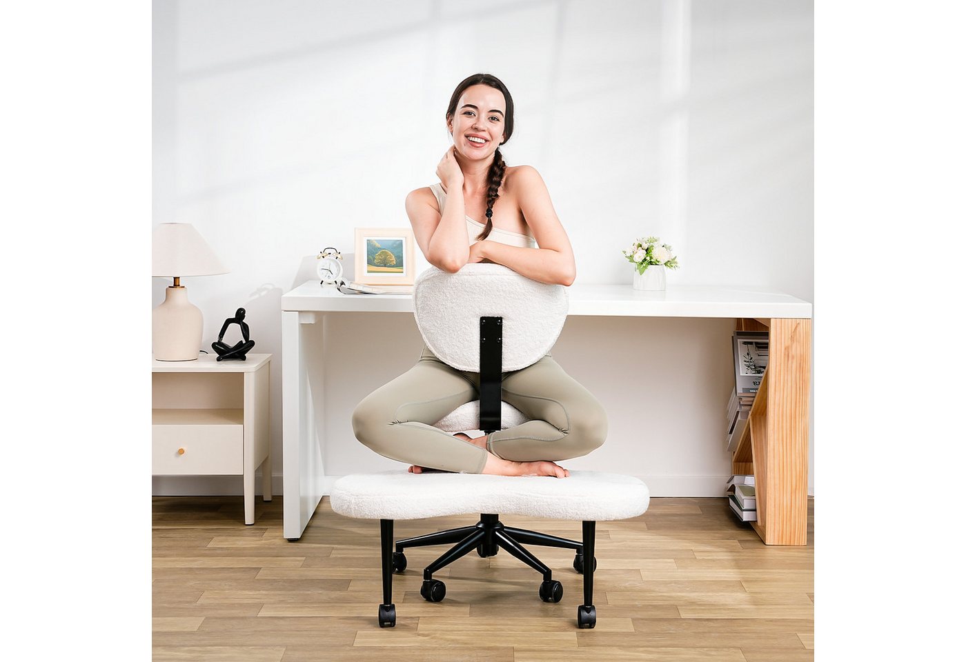 Patbrela Bürostuhl mit Kreuzbeinen,Ergonomischer Kniestuhlm,360° drehbar, Teddy Stoff Weiß – Bild 2 von 5