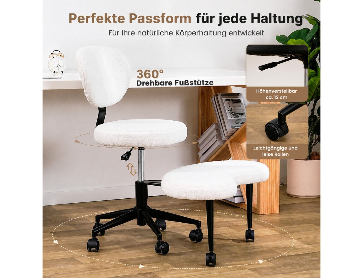 Patbrela Bürostuhl mit Kreuzbeinen,Ergonomischer Kniestuhlm,360° drehbar, Teddy Stoff Weiß – Bild 3 von 5