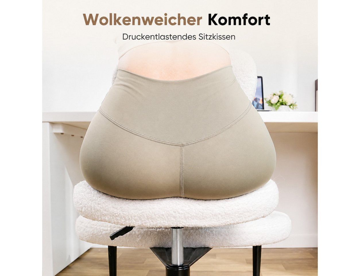 Patbrela Bürostuhl mit Kreuzbeinen,Ergonomischer Kniestuhlm,360° drehbar, Teddy Stoff Weiß – Bild 4 von 5