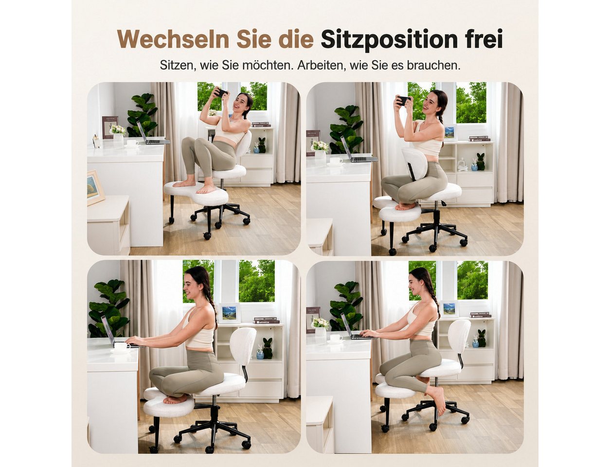 Patbrela Bürostuhl mit Kreuzbeinen,Ergonomischer Kniestuhlm,360° drehbar, Teddy Stoff Weiß – Bild 5 von 5