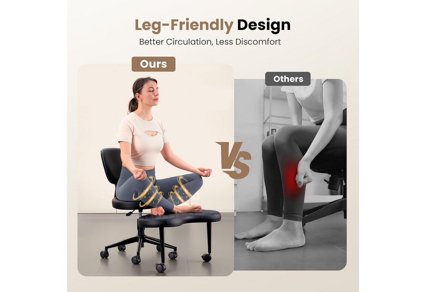 Patbrela Bürostuhl mit Kreuzbeinen,Ergonomischer Kniestuhlm,360° drehbar, PU-Leder Schwarz – Bild 3 von 5
