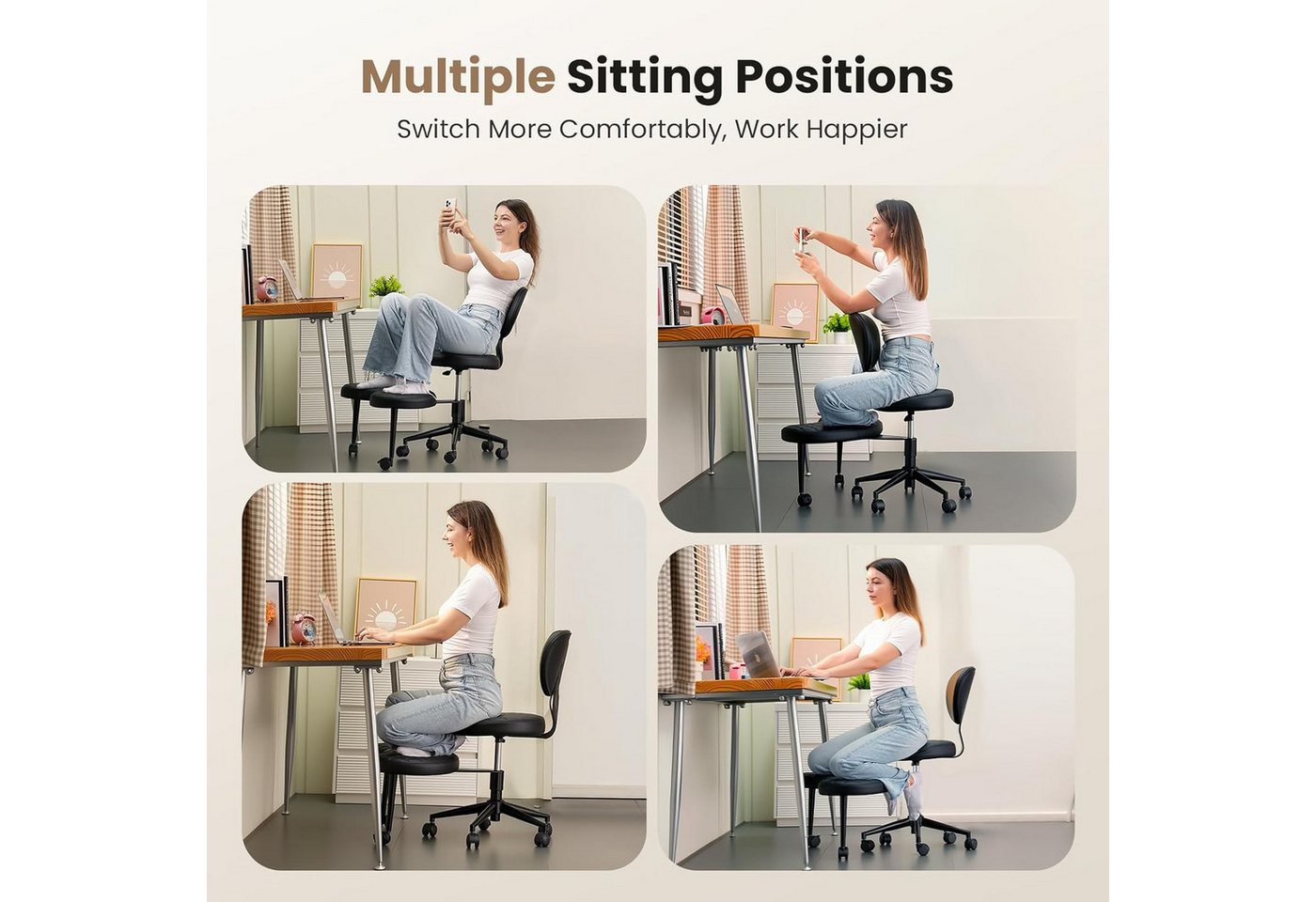 Patbrela Bürostuhl mit Kreuzbeinen,Ergonomischer Kniestuhlm,360° drehbar, PU-Leder Schwarz – Bild 4 von 5