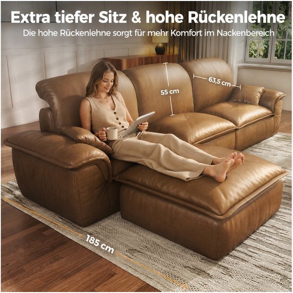 Patbrela Ecksofa 3-Sitzer mit Longchair, Weiches Lederoptik Wolkensofa für Wohnzimmer, Vintage Sofa 280cm L-Form, Keine Montage erforderlich