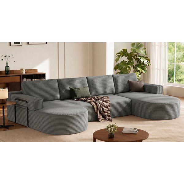 Patbrela Ecksofa Cord Schlafsofa 313 cm U Form mit 2 Abgerundeter Chaise Longue
