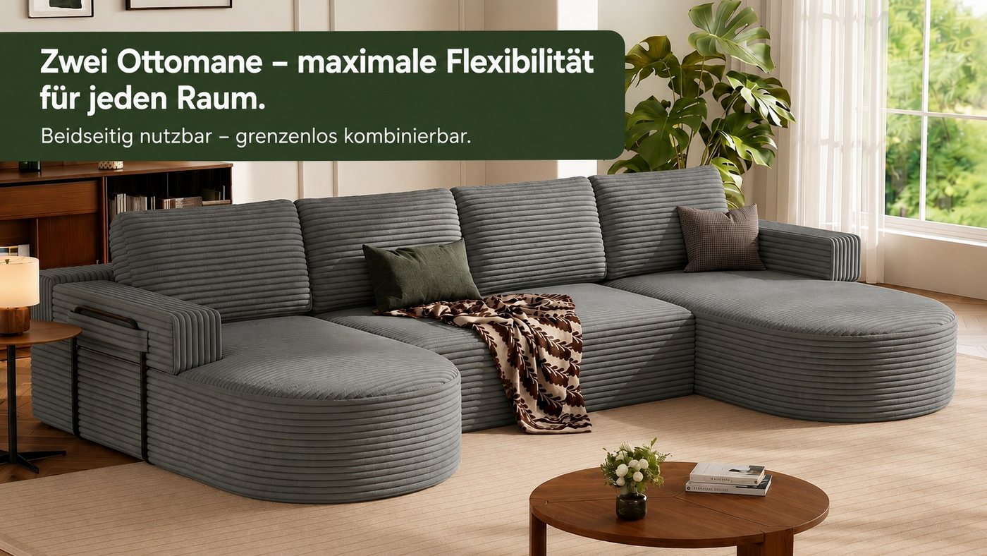 Patbrela Ecksofa Cord Schlafsofa 313 cm U Form mit 2 Abgerundeter Chaise Longue – Bild 2 von 5