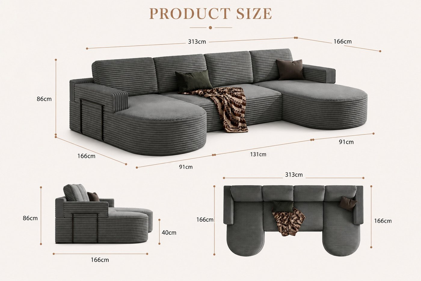 Patbrela Ecksofa Cord Schlafsofa 313 cm U Form mit 2 Abgerundeter Chaise Longue – Bild 3 von 5