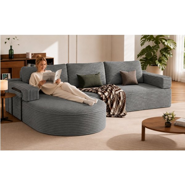 Patbrela Ecksofa Cord Schlafsofa L Form 265cm mit Abgerundeter Chaise Longue
