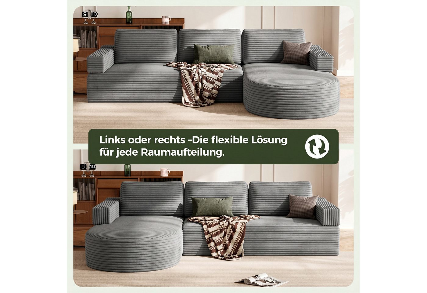 Patbrela Ecksofa Cord Schlafsofa L Form 265cm mit Abgerundeter Chaise Longue – Bild 2 von 5