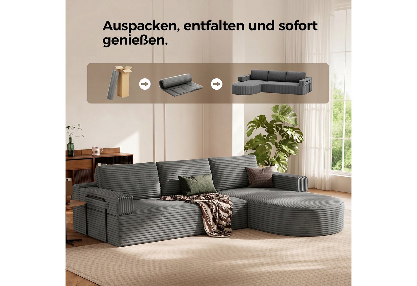 Patbrela Ecksofa Cord Schlafsofa L Form 265cm mit Abgerundeter Chaise Longue – Bild 4 von 5