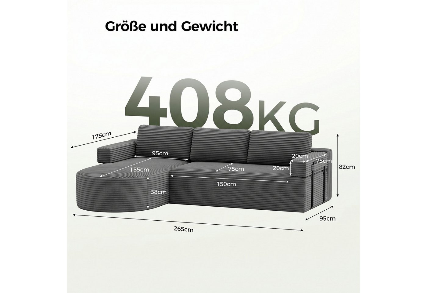 Patbrela Ecksofa Cord Schlafsofa L Form 265cm mit Abgerundeter Chaise Longue – Bild 5 von 5